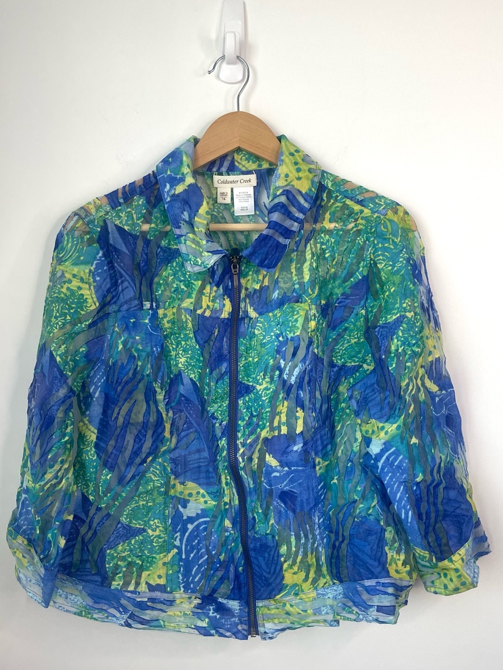 Coldwater Creek Blue Green Printed Zip Tunic Jacket size 16